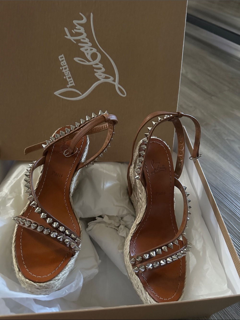 Christian Louboutin Brown Leather Studded Espadrille Wedge Sandals